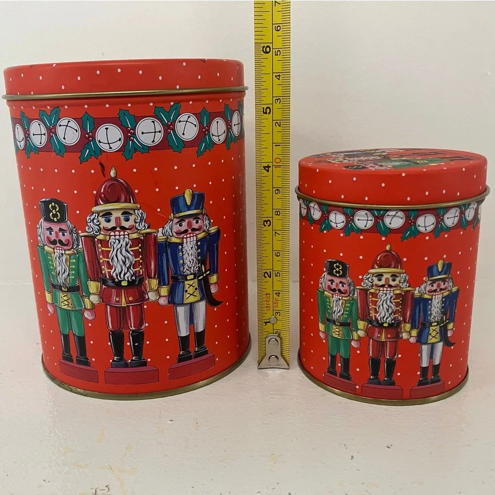 Christmas Nutcracker Red Nesting Metal Cookie Tin Holiday Trinket Storage Setof2